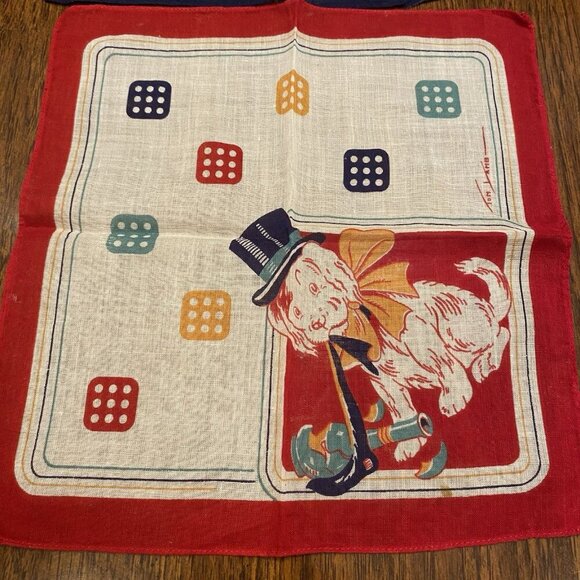 2 Vintage Tom Lamb Kids Hankies Dog Dice Red Blue Favorites 8 1/2" Square - Picture 3 of 8